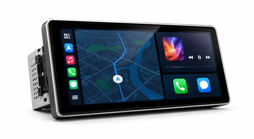 Apple CarPlay and Android Auto touchscreen head unit with navigation, music, phone, and messaging icons on a white background